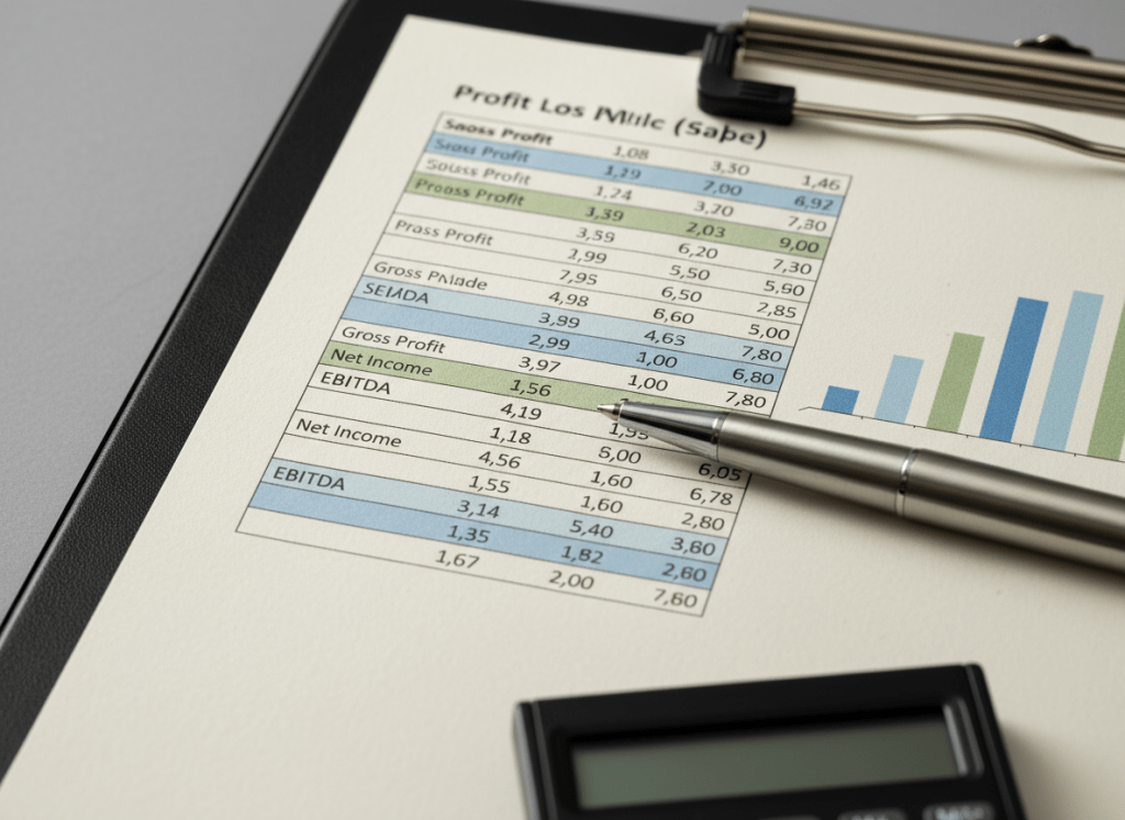 A precise, close-up macro shot of a financial report page clipped neatly to a clipboard on a matte black desk. The report shows a detailed profit and loss statement, with key figures highlighted in soft blue and green, alongside a small, clean bar chart indicating rising profitability. A fine-tipped metal pen rests parallel to the columns of numbers, and a slim calculator sits just at the edge of the frame, slightly blurred. Neutral, diffused studio lighting from the side creates subtle shadows that enhance the paper’s texture without distracting glare. Photographic realism, with a shallow depth of field, conveying meticulous attention to detail, accuracy, and the professionalism of high-quality bookkeeping services.