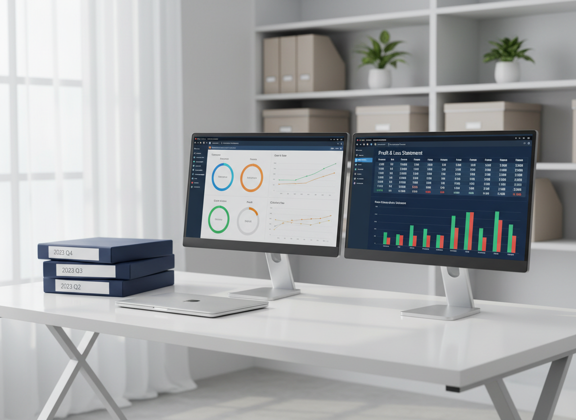 A sleek, modern bookkeeping workspace with a minimalist white desk supporting two ultra-thin monitors displaying colorful financial dashboards, profit and loss statements, and cash flow graphs in precise detail. A closed silver laptop rests beside a neatly stacked pile of navy-blue binders labeled with years and quarters. Soft, indirect daylight from a nearby window washes across the smooth desk surface, creating gentle reflections and subtle shadows. The background fades into a softly blurred shelving unit holding organized files and a few understated green plants. Photographic realism, captured at eye level with a slight angle, emphasizing clarity, professionalism, and a calm, focused atmosphere suitable for a financial services homepage hero image.