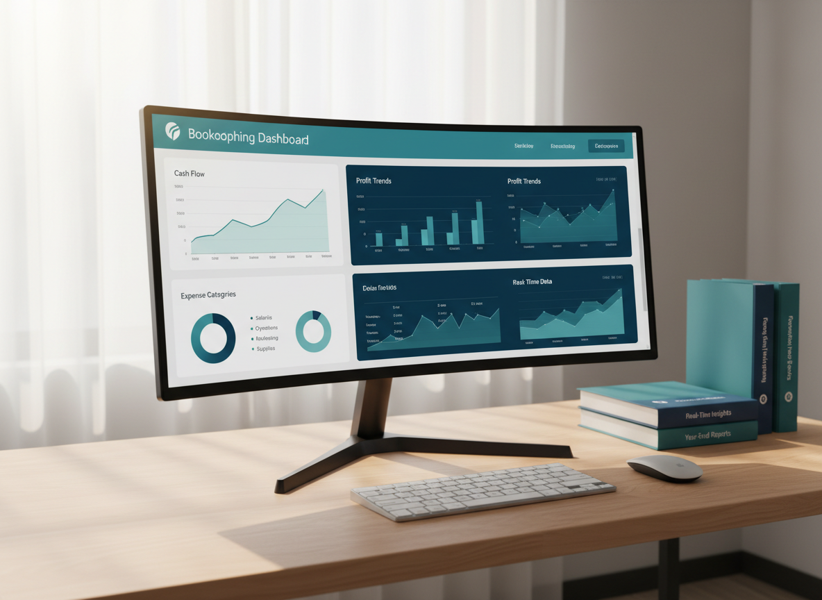 An elegant bookkeeping dashboard displayed on a large, ultra-wide computer monitor, showing interconnected graphs of cash flow, profit trends, and expense categories, all in a consistent teal and navy color palette. The monitor sits on a clean, pale birch desk with a matching wireless keyboard and mouse, alongside a small stack of branded folders labeled “Financial Insights,” “Real-Time Data,” and “Year-End Reports.” Soft morning light filters through a sheer curtain in the background, casting a gentle glow and faint shadows. Photographic realism, composed using the rule of thirds with the monitor as the focal point, evoking clarity, forward-thinking strategy, and the sense of having complete control over business finances.