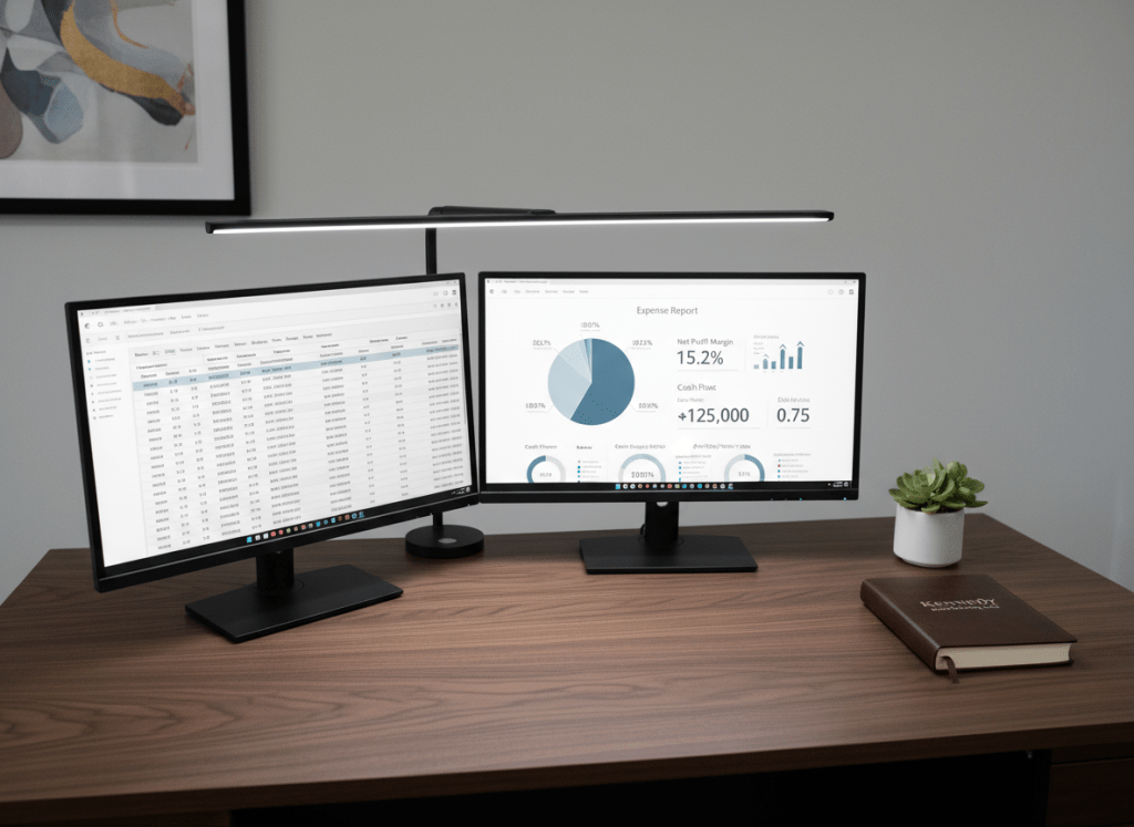 A sophisticated, dual-monitor workstation showing detailed bookkeeping software on one screen and a comprehensive financial report with pie charts and KPI metrics on the other. The monitors sit on a dark walnut desk with a subtle grain, accompanied by a small, sleek desk plant in a matte white pot and a closed ledger with a metallic-embossed “Kennedy Bookkeeping, LLC” logo. Cool, balanced LED desk lighting casts even illumination without harsh shadows, highlighting the clarity of the on-screen data. Photographic realism, framed with a slightly elevated, wide-angle composition that includes part of the clean office wall and a hint of a framed abstract print, creating a professional, trustworthy, and analytical atmosphere.