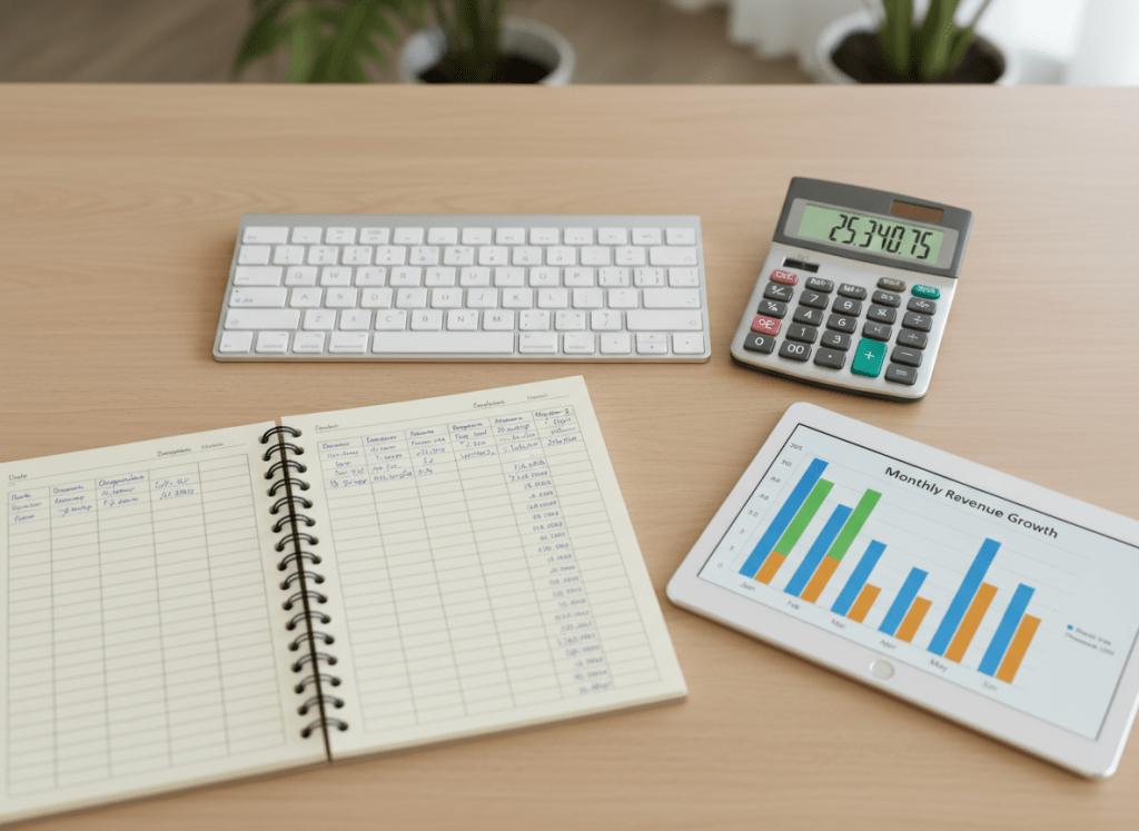 A close-up, overhead view of a tidy bookkeeping setup featuring a slim wireless keyboard, a calculator with crisp digital numbers, and a neatly aligned notebook open to a page of clean, structured columns and financial notes. Beside it, a tablet displays a real-time bar chart of monthly revenue growth with precise labels and vivid, professional colors. The scene rests on a smooth, light oak desk with a soft matte finish. Diffused natural light from above brightens the workspace, creating a calm, organized mood. Photographic realism, with sharp focus on the objects and a shallow depth of field that gently blurs the desk edges, conveying accuracy, order, and attention to detail.